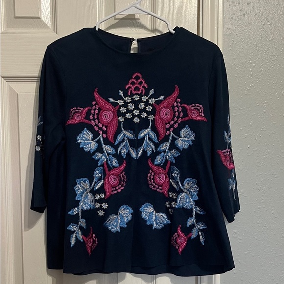 Zara Tops - Zara Faux Suede Dark Blue Blouse with Pink and Blue Embroidery- Size Small